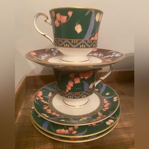 Mikasa, 2 green footed cups, 1 green & 1 brown saucer, 2 bread and butter plates